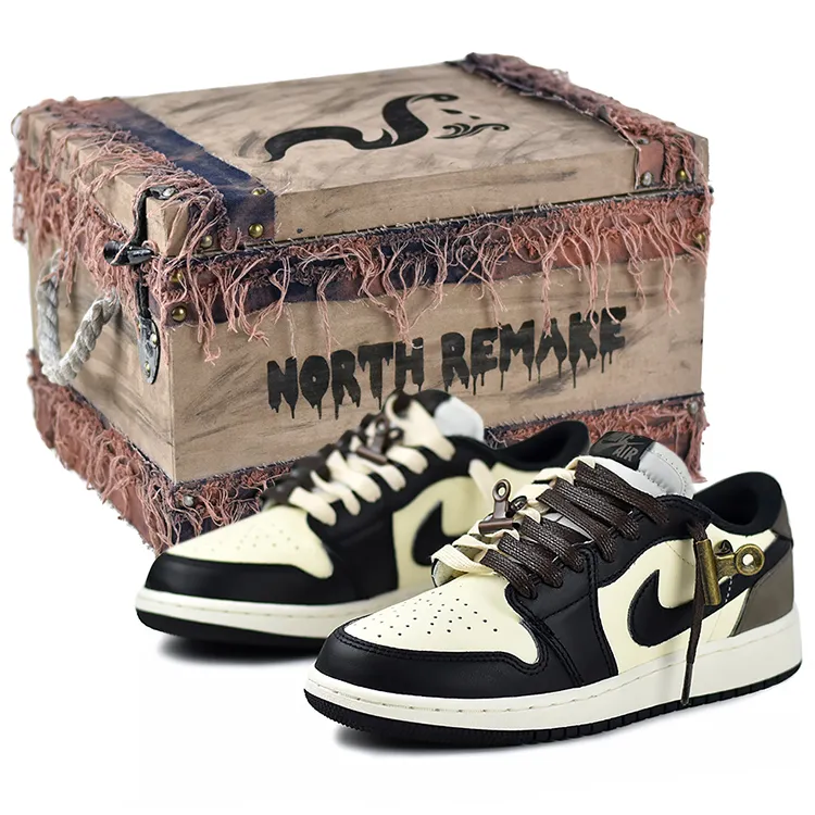 Jordan Air Jordan 1 Slip Resistant Abrasion Resistant Low top Vintage Basketball Shoes Men's Beige Black
