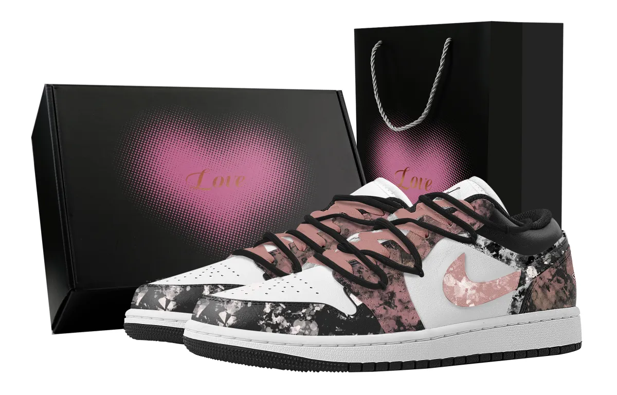 Jordan Air Jordan 1 Ink Stamp, Heart Box Abrasion Resistant Low top Vintage Basketball Shoes Women's Black Pink