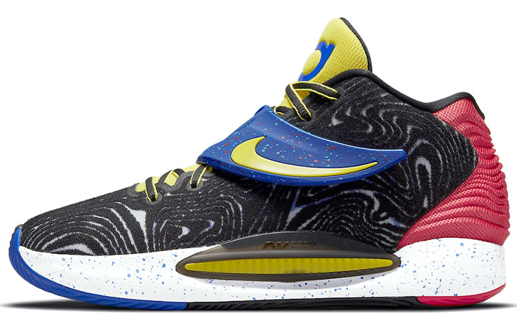 Nike KD 14 Durant 14 shock-absorbing, non-slip, wear-resistant, mid-top practical basketball shoes, men's black, blue and red, foreign version