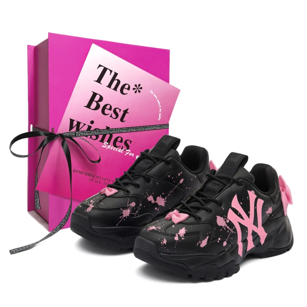 MLB Big Ball Chunky Sweetheart Mary, Ink Splatter Abrasion Resistant Low top Chunky Sneakers Unisex Black Pink