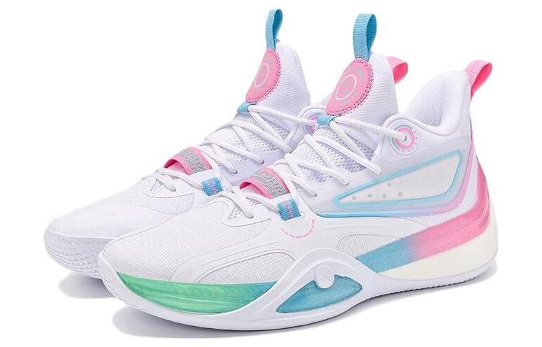 XTEP Fabric Cushioning Slip Resistant Abrasion Resistant Mid top Basketball Shoes Men’s White Blue Pink