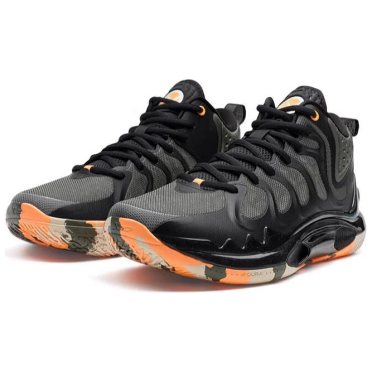 XTEP Textile, Artificial Leather Slip Resistant Abrasion Resistant Mid top Basketball Shoes Men’s Black Gray
