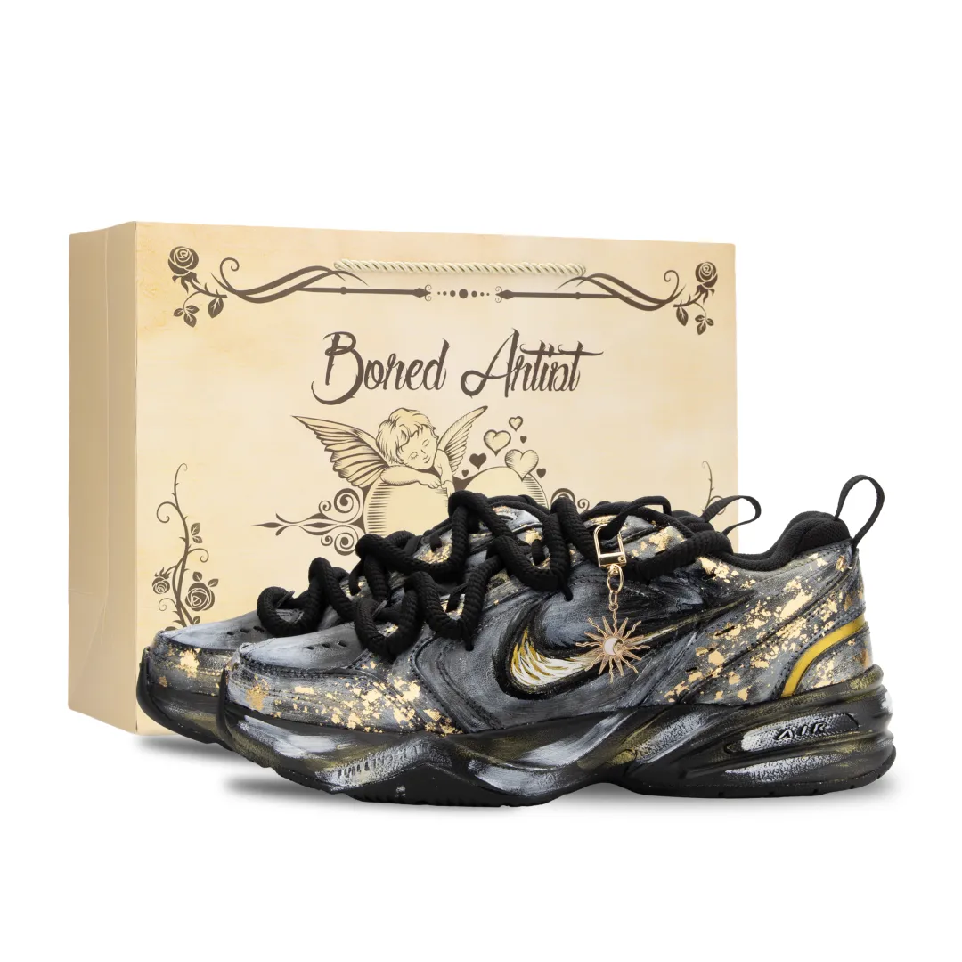 Nike Air Monarch 4 River Immersed Moon, Sun's Fall Abrasion Resistant Low top Chunky Sneakers Unisex Black Gold