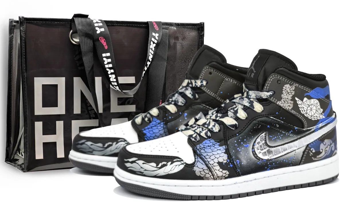 Jordan Air Jordan 1 Abrasion Resistant Abrasion Resistant Mid top Vintage Basketball Shoes Unisex Silver Snake Blue