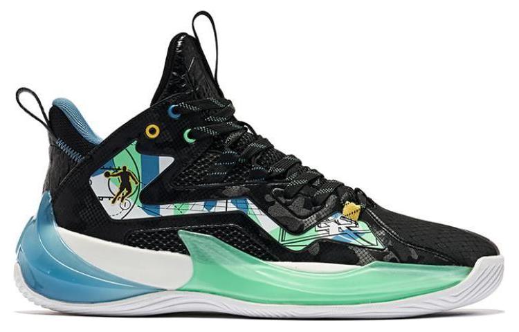 QIAODAN Cushioning Slip Resistant Abrasion Resistant Mid top Basketball Shoes Men’s Black Blue Green