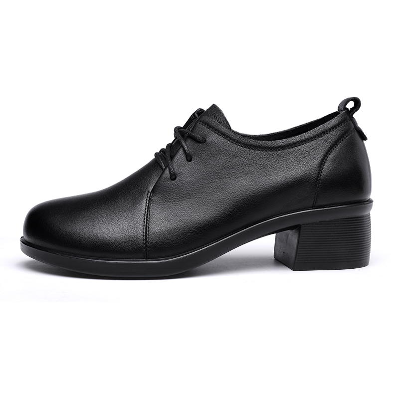 Qiangren 3515 genuine leather breathable shoes for spring and autumn, comfortable mid-heel pointed toe work thick heel, casual leather shoes for women