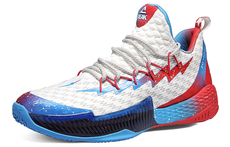 PEAK Lightning 2 PU, Textile Cushioning Slip Resistant Abrasion Resistant Mid top Basketball Shoes Men’s White Blue Red