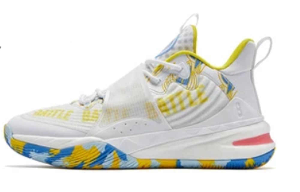 QIAODAN Ice Blade White Whale Cushioning Abrasion Resistant Breathable Mid top Basketball Shoes Men’s White Frozen Blue