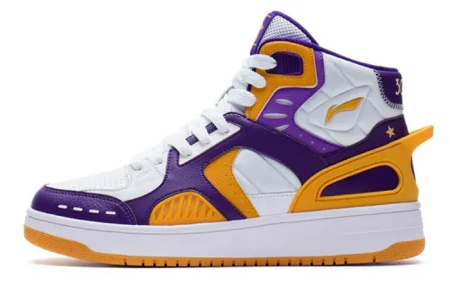 Li Ning Leather Cushioning Rebound Mid top Performance Basketball Shoes Men's White Purple Orange