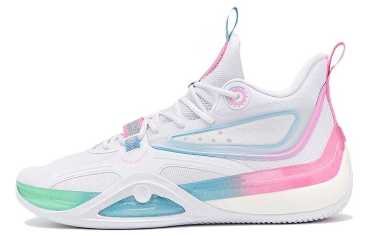 XTEP Fabric Cushioning Slip Resistant Abrasion Resistant Mid top Basketball Shoes Men’s White Blue Pink