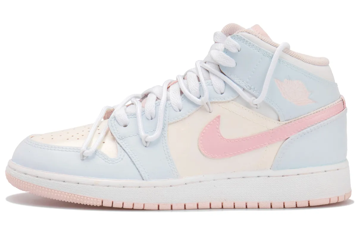 Jordan Air Jordan 1 Slip Resistant Abrasion Resistant Mid top Vintage Basketball Shoes GS White Pink Blue