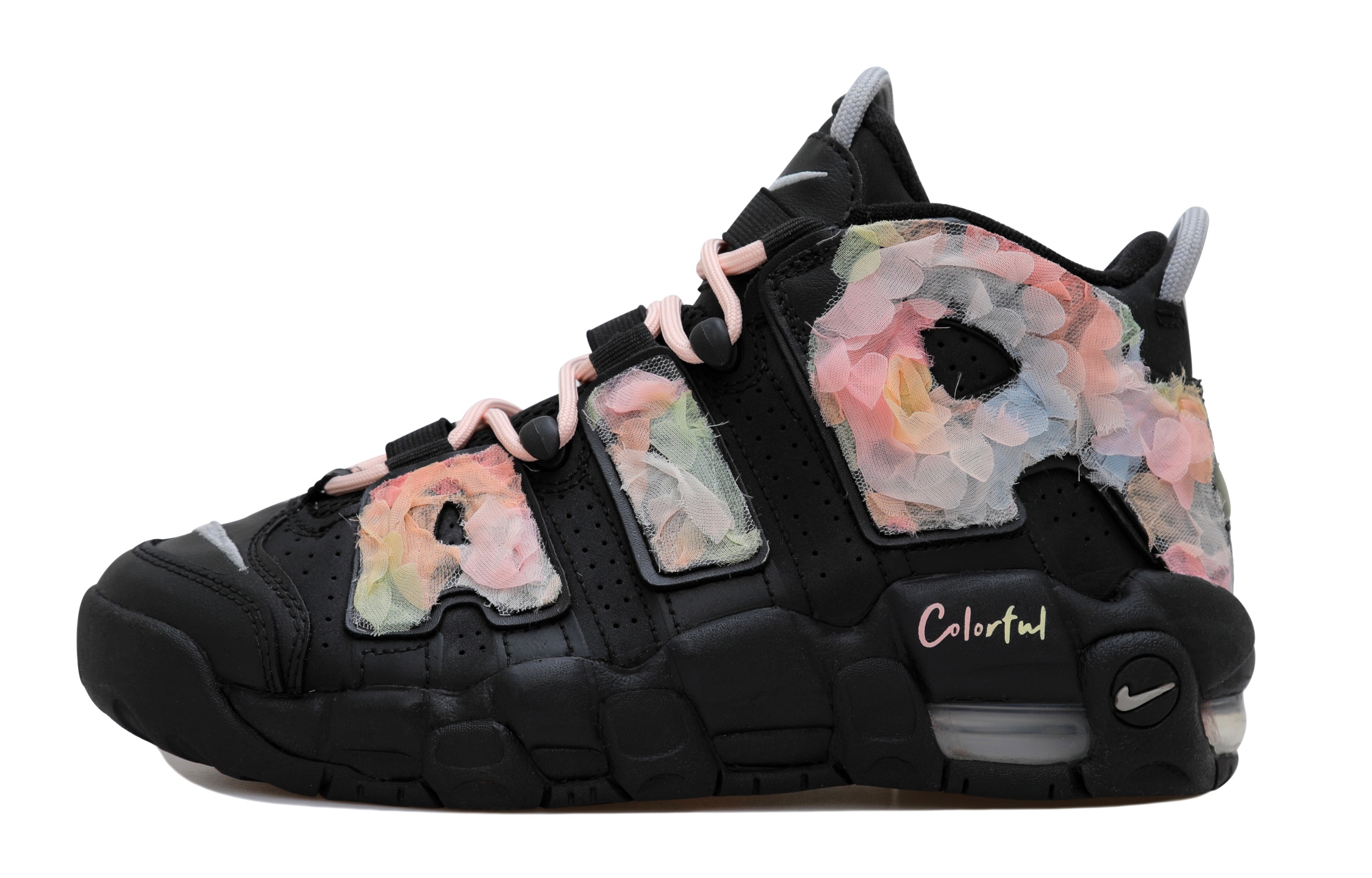 Nike Air More Uptempo Multicolor Flower Cushioning, Wear Resistant Mid top Vintage Basketball Shoes GS Black Pink