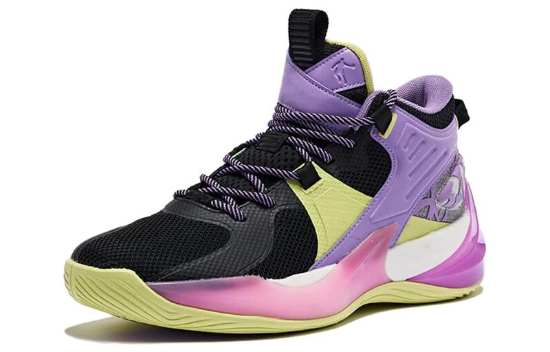 QIAODAN Battle Halberd Cushioning Slip Resistant Abrasion Resistant Mid top Basketball Shoes Men’s Black Cyan Purple