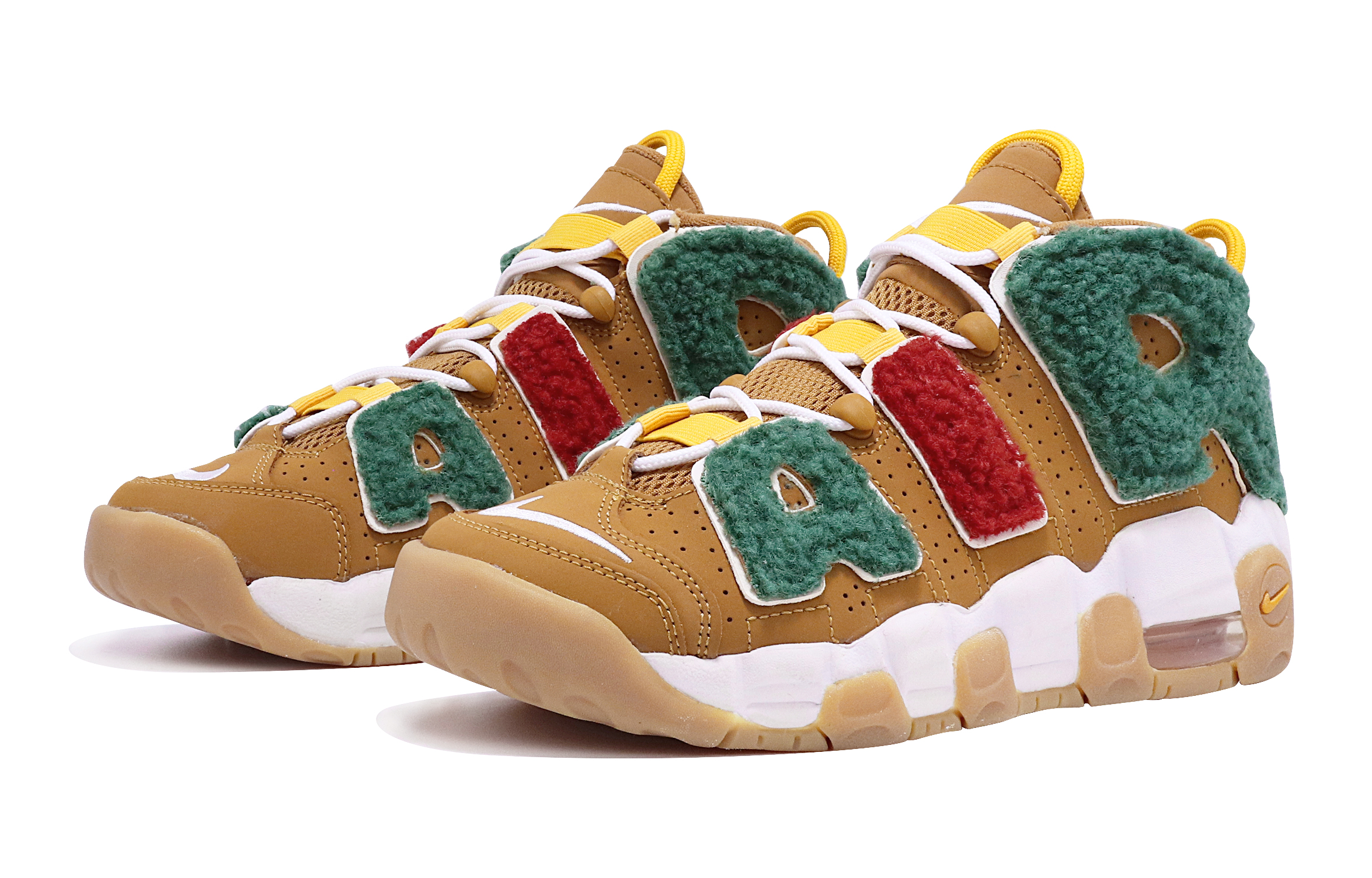 Nike Air More Uptempo Wheat Mid top Vintage Basketball Shoes GS Red Green Brown
