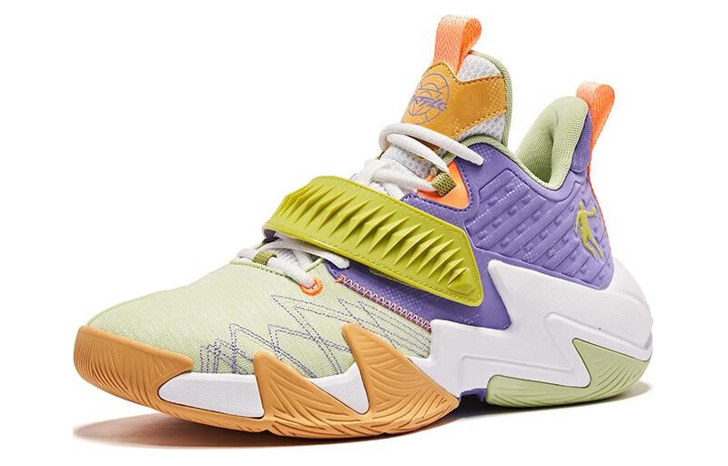 QIAODAN Cushioning Slip Resistant Abrasion Resistant Breathable Mid top Basketball Shoes Men’s Green Orange Purple