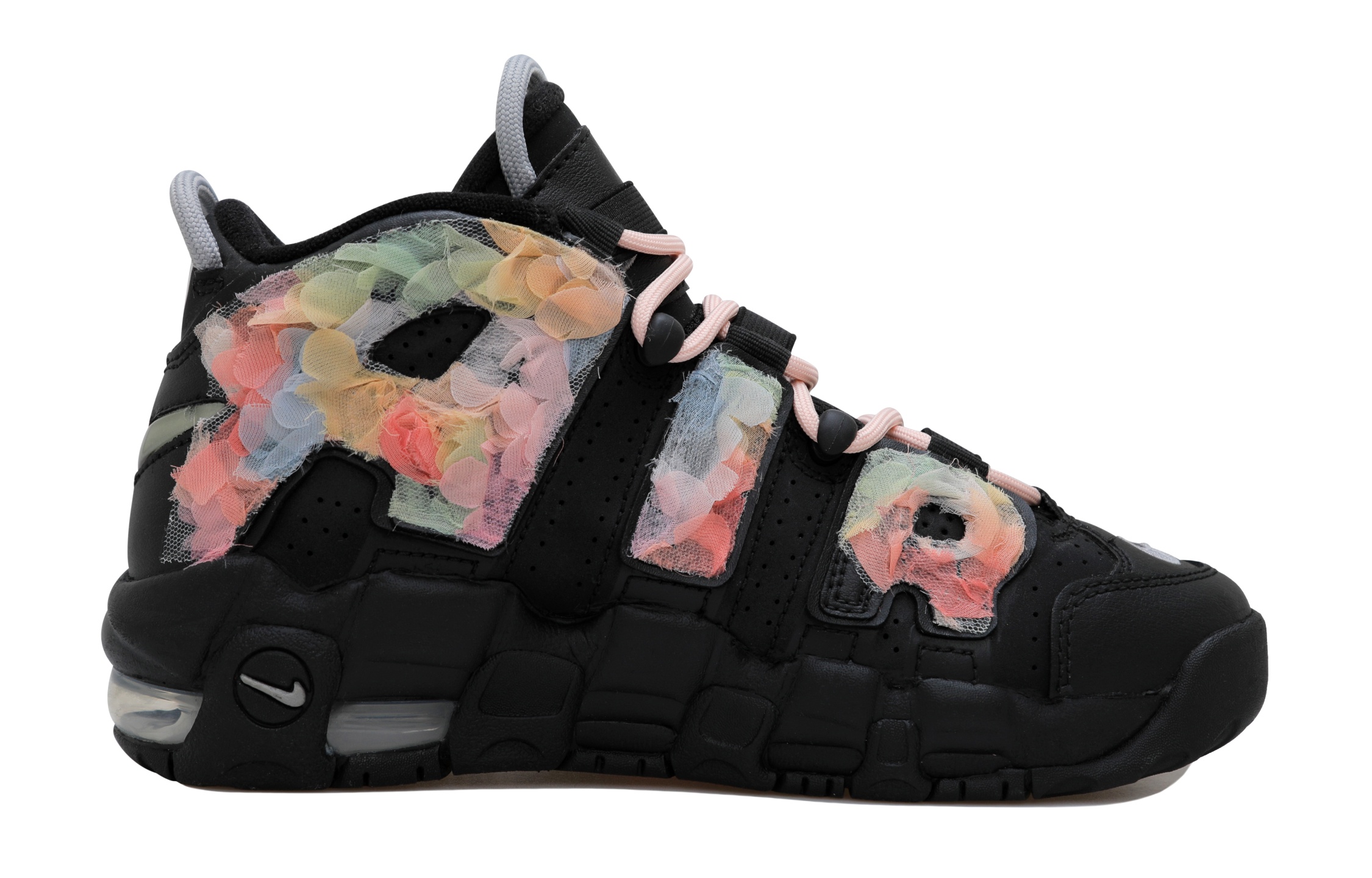 Nike Air More Uptempo Multicolor Flower Cushioning, Wear Resistant Mid top Vintage Basketball Shoes GS Black Pink