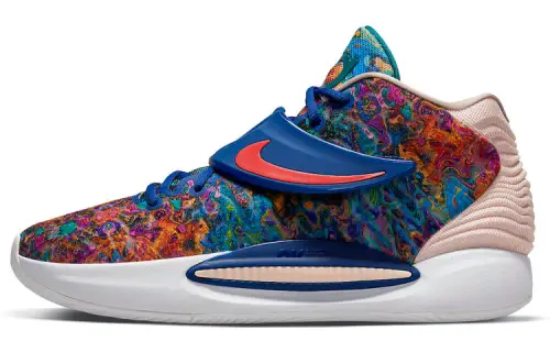 Nike KD 14 Durant 14 color tie-dye fabric synthetic leather TPU shock-absorbing anti-slip wear-resistant wrapping support mid-top basketball shoes men's blue pink foreign version