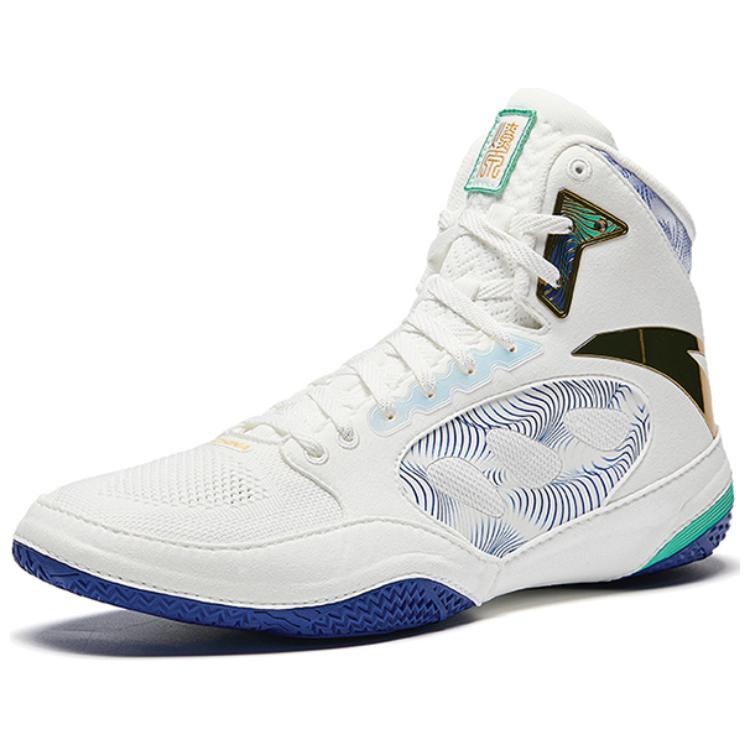 Anta Comfortable Slip Resistant Abrasion Resistant High top Professional Wrestling Shoes Men’s White Black Blue