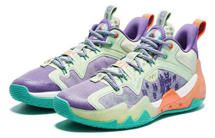 QIAODAN Shaanxi Museum Cushioning Slip Resistant Mid top Basketball Shoes Men’s Seashell Green/Shadow Purple