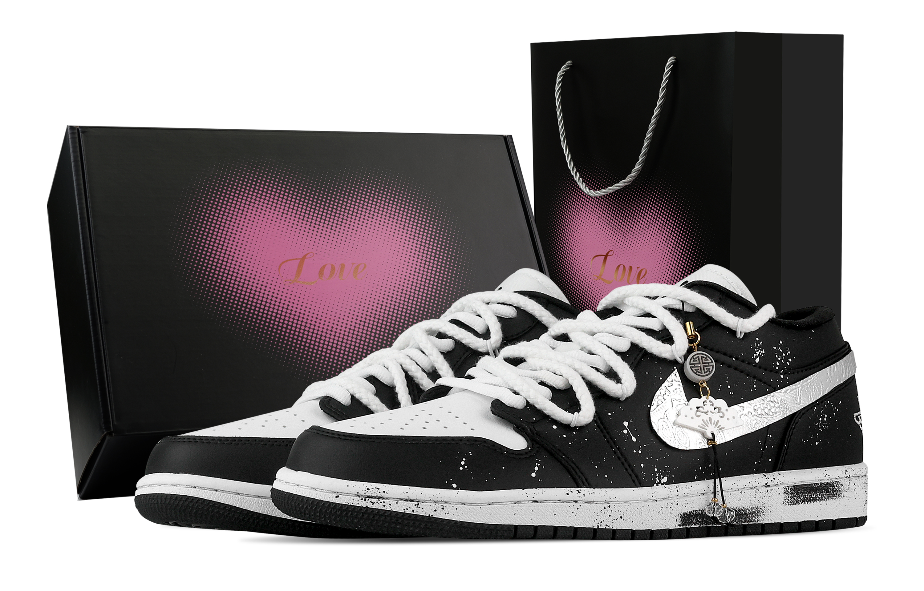 Jordan Air Jordan 1 Starry Sky Sparkling Heart Box Low top Vintage Basketball Shoes Unisex Black White