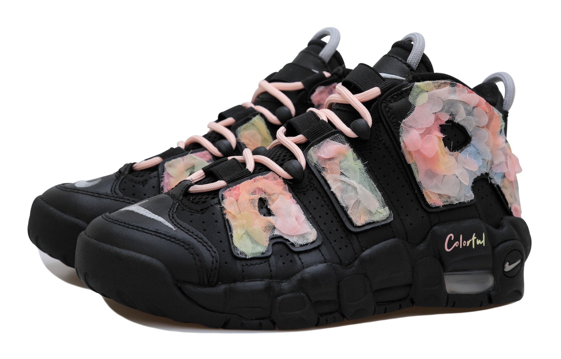 Nike Air More Uptempo Multicolor Flower Cushioning, Wear Resistant Mid top Vintage Basketball Shoes GS Black Pink