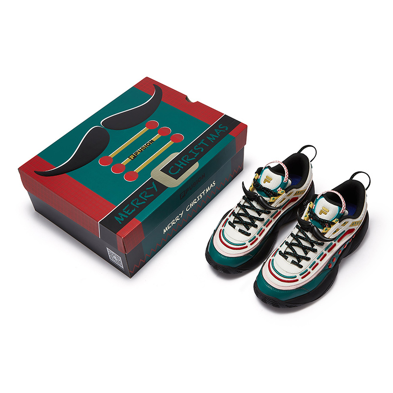 FILA FUSION FIRE XMAS Flame Shoes Versatile Abrasion Resistant Low top Vintage Basketball Shoes Men’s White Green