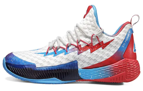 PEAK Lightning 2 PU, Textile Cushioning Slip Resistant Abrasion Resistant Mid top Basketball Shoes Men's White Blue Red