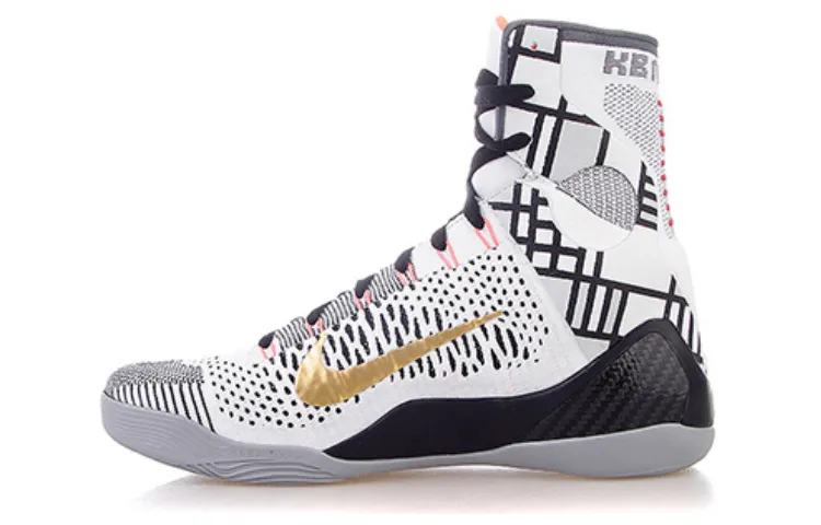 Nike Kobe 9 Elite Gold Fundamentals High top Basketball Shoes Men's White Black Gold