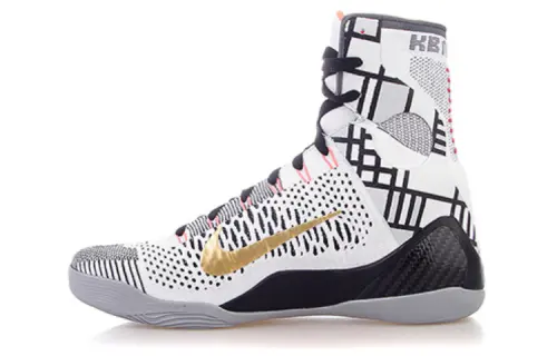 Nike Kobe 9 Elite Gold Fundamentals Practical Round Head Lace High Top Basketball Shoes Men's White Black Gold