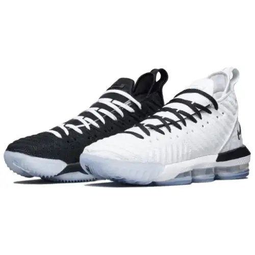 Nike Lebron 16 Left and Right Black Black Moon James OG Actual Combat Lace Up Mid Top Basketball Shoes Unisex Black and White Symmetrical