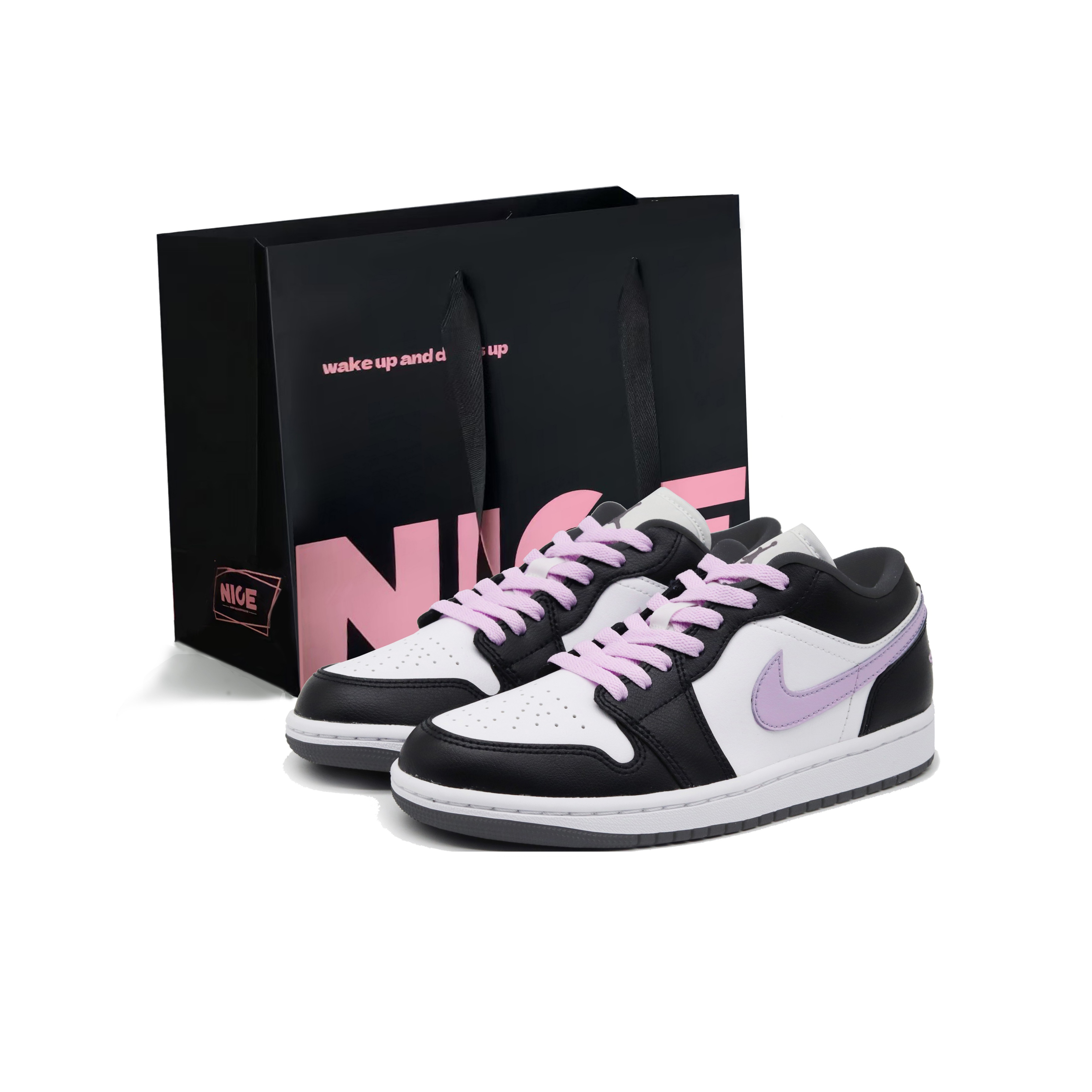 Jordan Air Jordan 1 Black White Hyacinth Purple Leather Slip Resistant, Abrasion Resistant, Breathable Low top