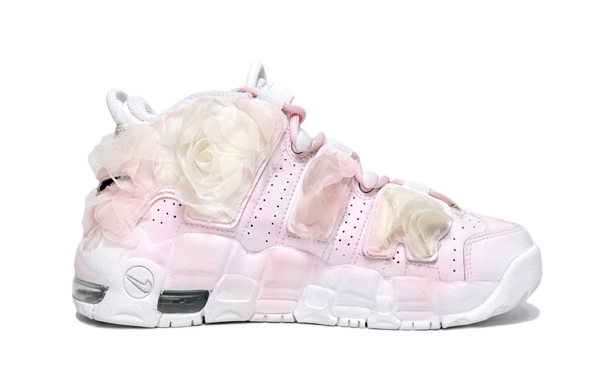 Nike Air More Uptempo Pure White Bridal, Lolita Cushioning Mid top Basketball Shoes Women’s White Pink