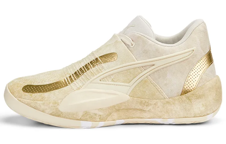 PUMA Rise Nitro Nephrite Slip Resistant Abrasion Resistant Mid top Basketball Shoes Unisex Iron Gold