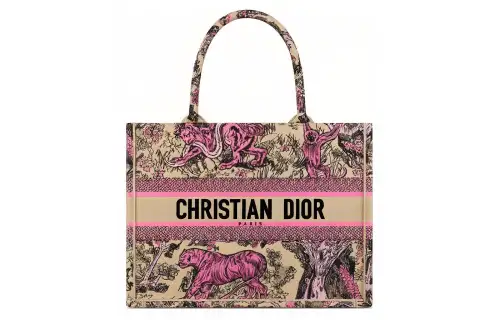 DIOR Embroidery Tote Bag, Shopping Bag, Handbag Medium Women's Beige & Pink