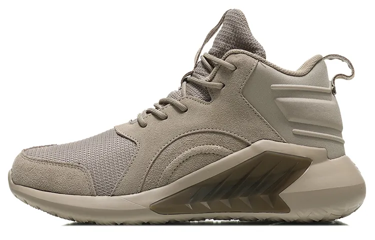 Li Ning Vintage Basketball Shoes Unisex Mid Top Beige Khaki