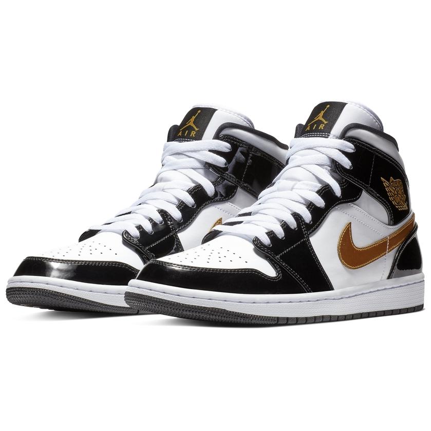 Jordan 1 Mid Patent Black White Gold