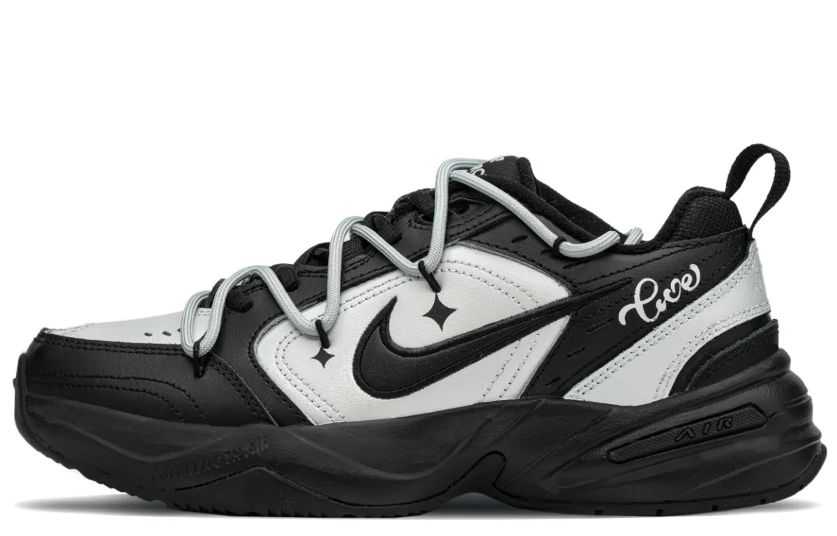 Nike Air Monarch 4 Synthetic Leather, Leather Low top Chunky Sneakers Unisex Black Silver