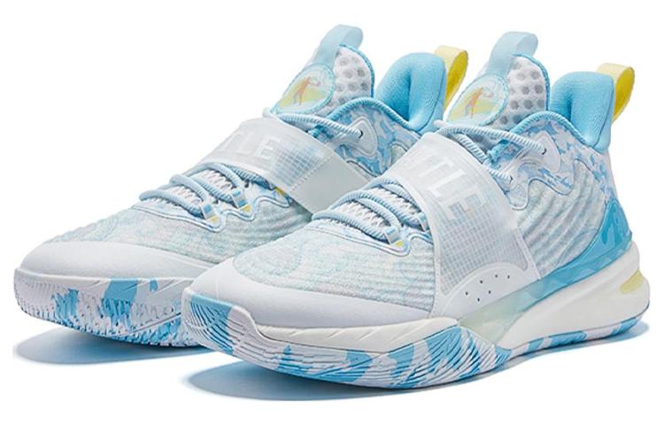 QIAODAN Ice Blade Wave Cushioning Abrasion Resistant Breathable Mid top Basketball Shoes Men’s White Blue