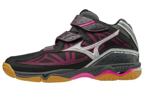 Mizuno Wave Artemis 4 Mid Slip Resistant Abrasion Resistant Mid top Volleyball Shoes Women's Black Silver Pink