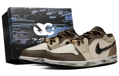 Jordan Air Jordan 1 Slip Resistant Abrasion Resistant Low top Vintage Basketball Shoes Unisex Beige Brown