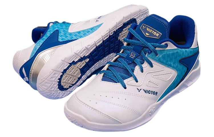 VICTOR Cushioning Slip Resistant Low top Badminton Shoes Unisex White Blue