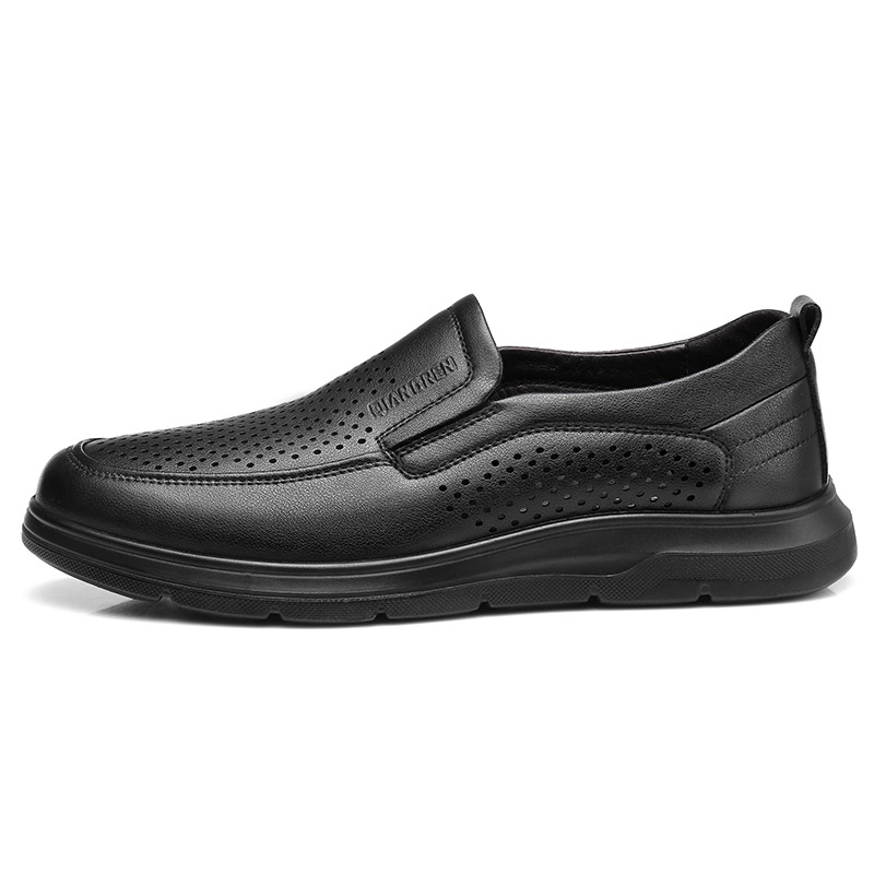 Qiangren 3515 hollow summer breathable slip-on sandals with soft soles, casual leather shoes, men's black