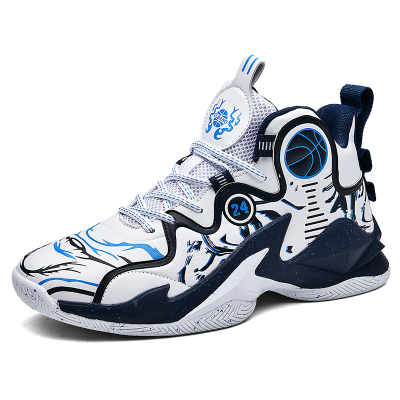 GQWE Textile, Synthetic Leather Slip Resistant Abrasion Resistant High top Basketball Shoes Unisex White Blue
