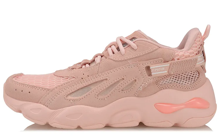 Li Ning Butterfly Textile, Synthetic Leather Slip Resistant Abrasion Resistant Low top Chunky Sneakers Women's Pink
