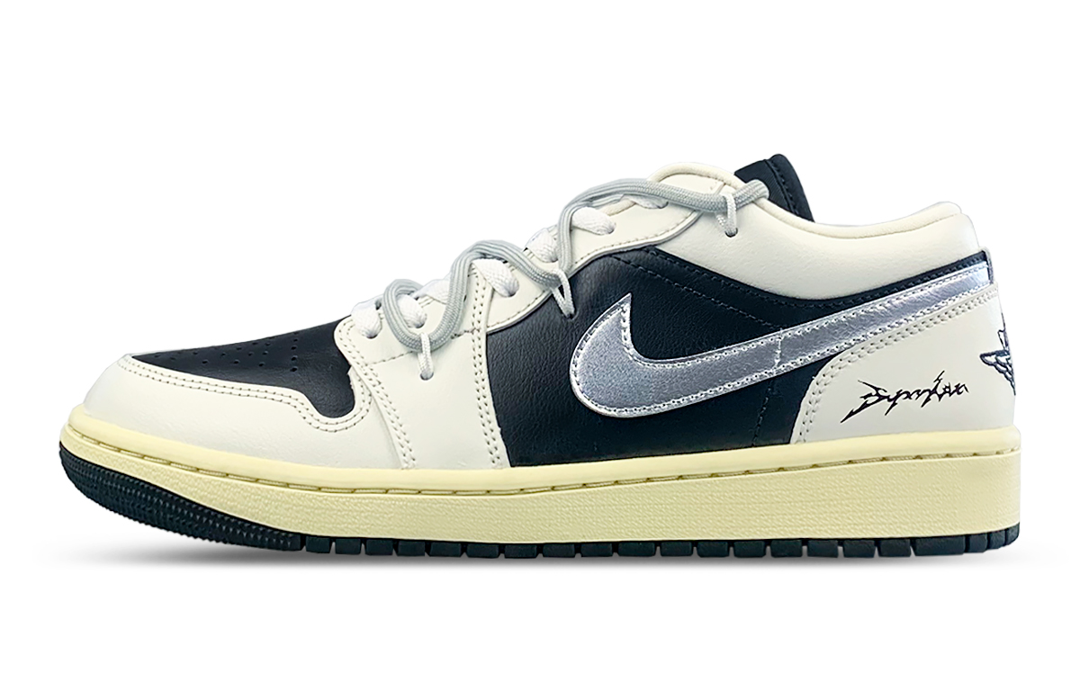 Jordan Air Jordan 1 Slip Resistant Abrasion Resistant Low top Vintage Basketball Shoes Women’s Black Silver