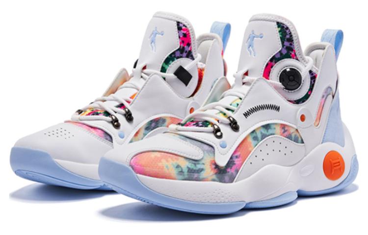 QIAODAN Cushioning Slip Resistant Abrasion Resistant High top Basketball Shoes Men’s White Blue Orange