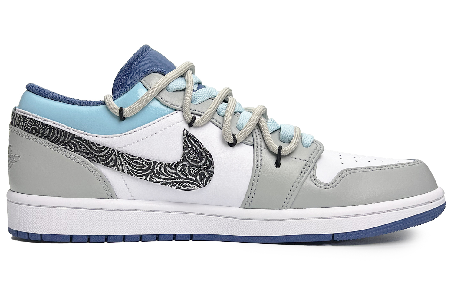 Jordan Air Jordan 1 Floral Starry Slip Resistant Abrasion Resistant Low top Vintage Basketball Shoes Men’s Gray Blue