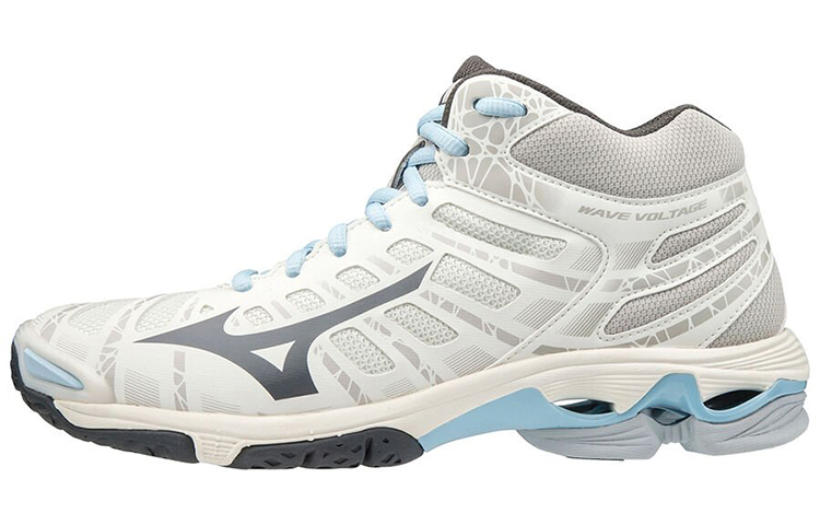 Mizuno Wave Voltage Mid wear-resistant anti-slip mid-cut volleyball shoes for women, white, gray and blue