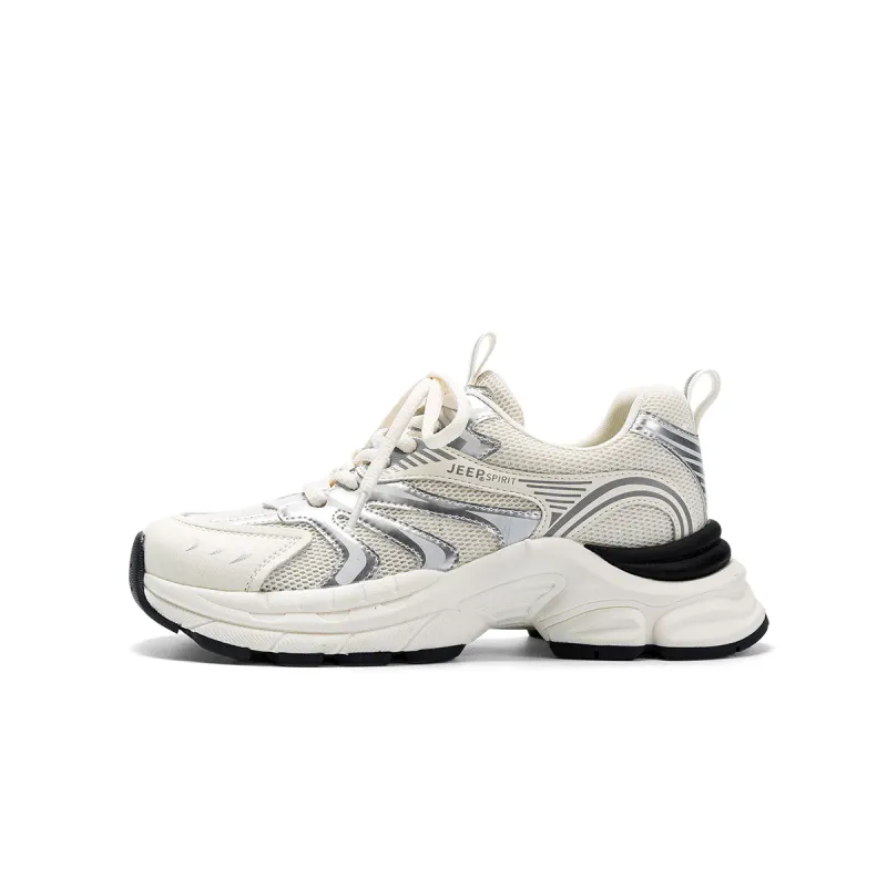 JEEP SPIRIT Mesh, Textile, Synthetic Leather Breathable And Lightweight Low top Chunky Sneakers Women's White Silver