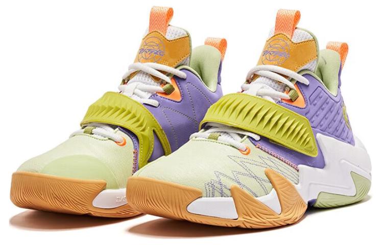 QIAODAN Cushioning Slip Resistant Abrasion Resistant Breathable Mid top Basketball Shoes Men’s Green Orange Purple